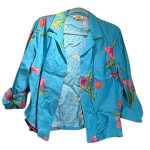 Vintage Talbots Petites 2-Piece Floral Set Blue Pink Linen Blend Size 14